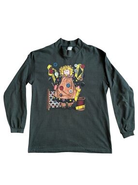 Vintage 90s Rag Doll Sewing Themed Long Sleeve Shirt Made In USA